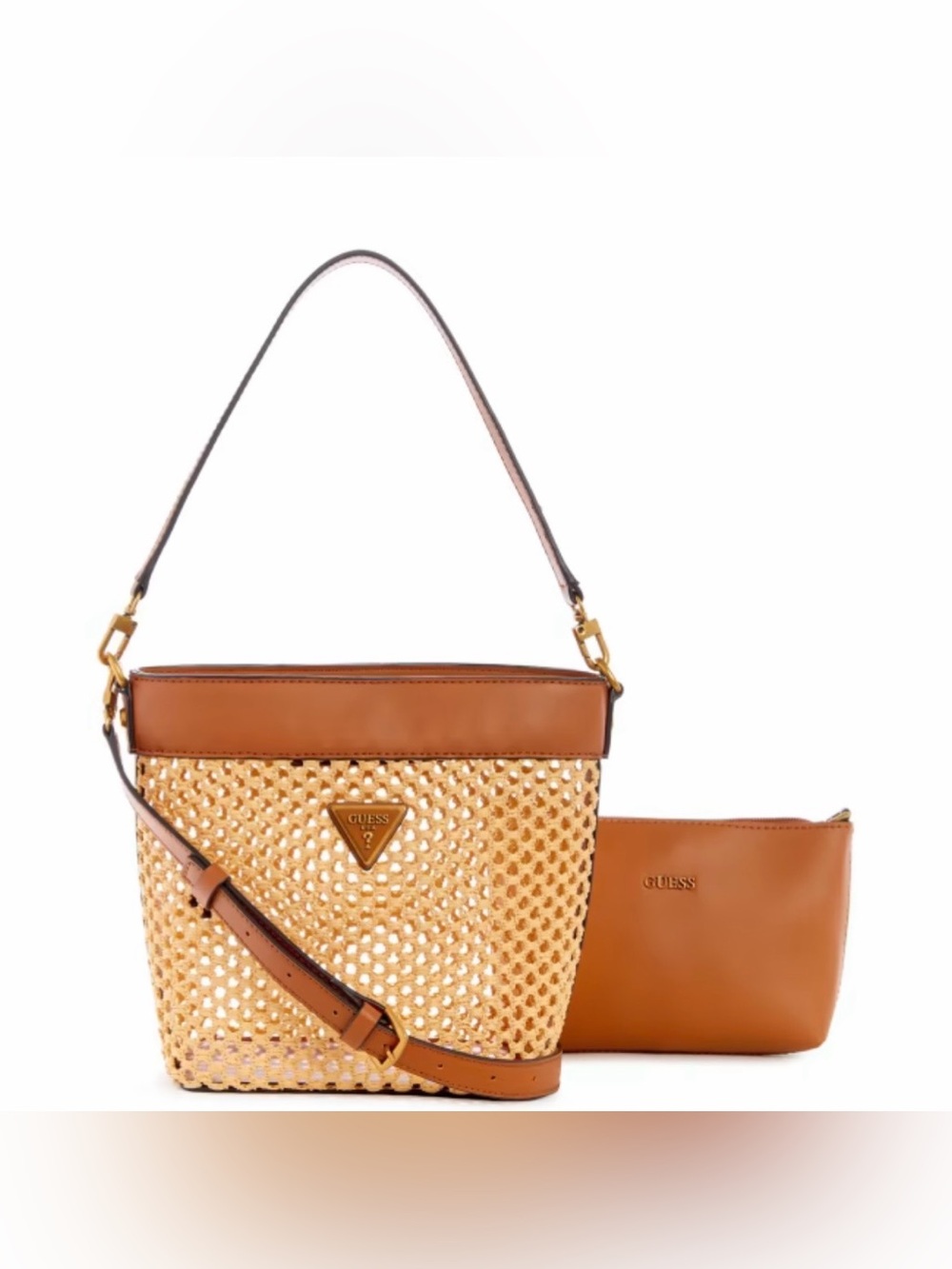 GUESS Vikky Straw Bucket Bag (Cognac)